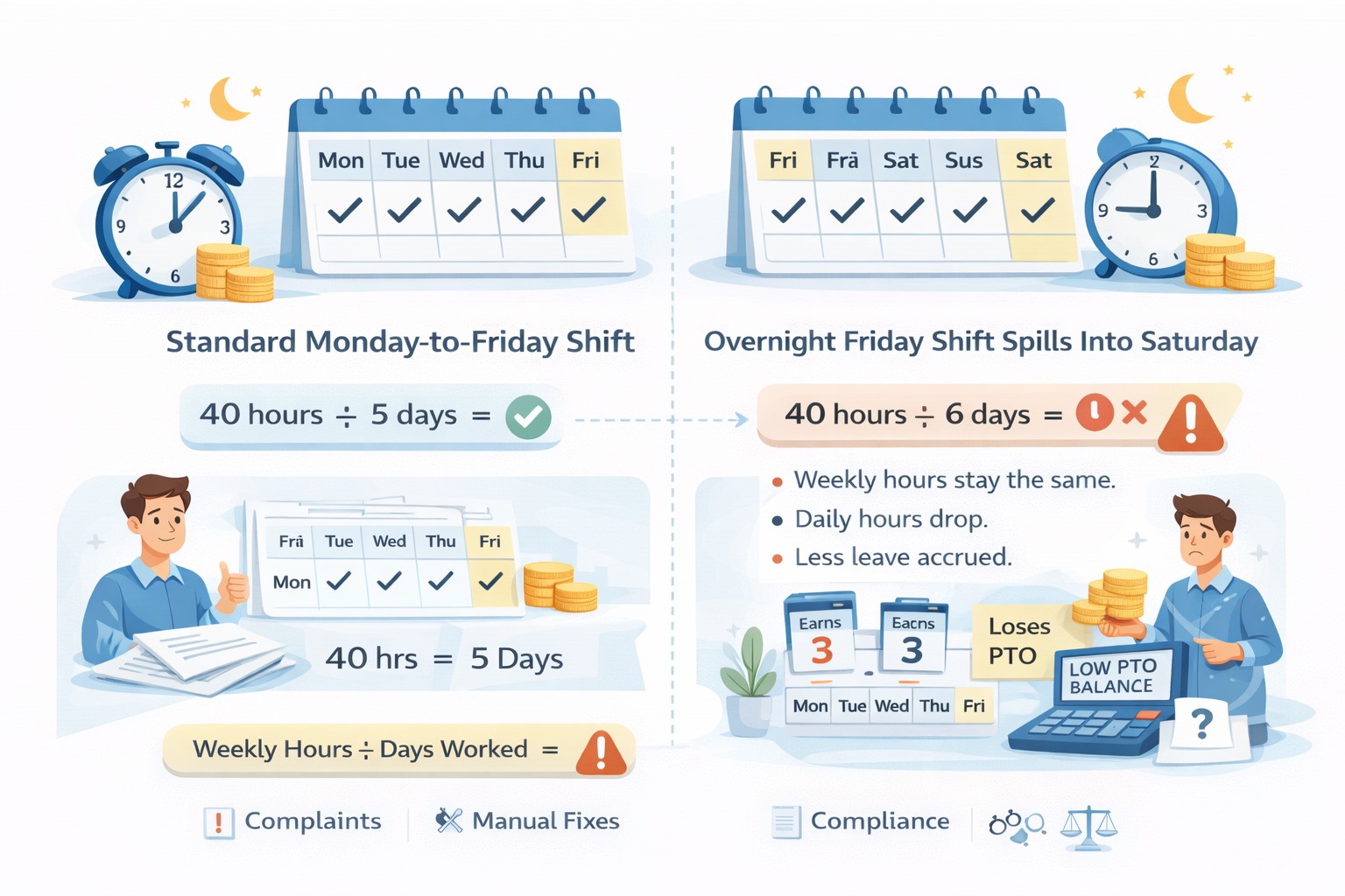 Infographic explaining how overnight shifts crossing midnight increase counted workdays and reduce calculated daily scheduled hours and leave accrual