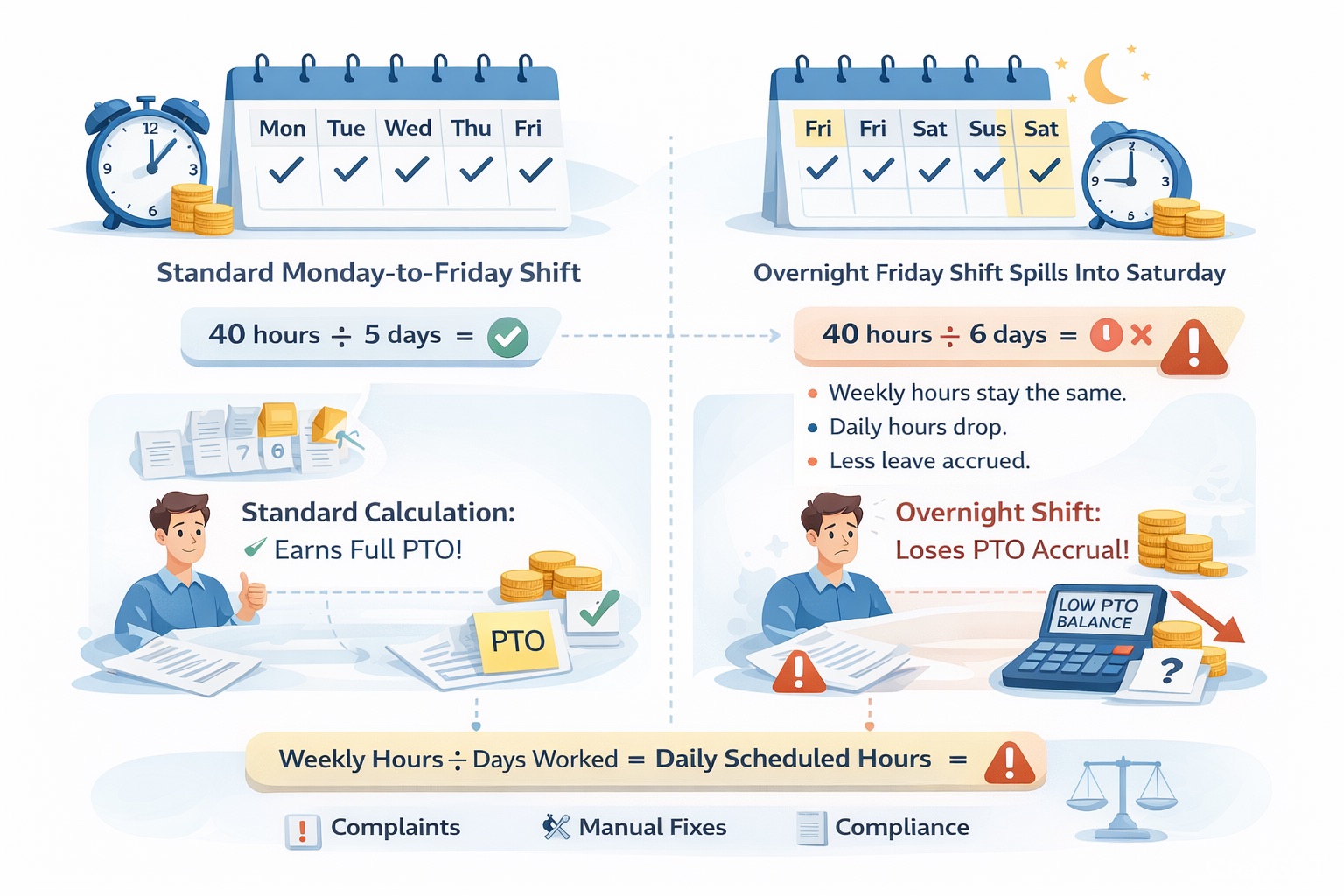 Infographic showing how overnight shifts crossing midnight affect time tracking, daily scheduled hours, and PTO accrual calculations