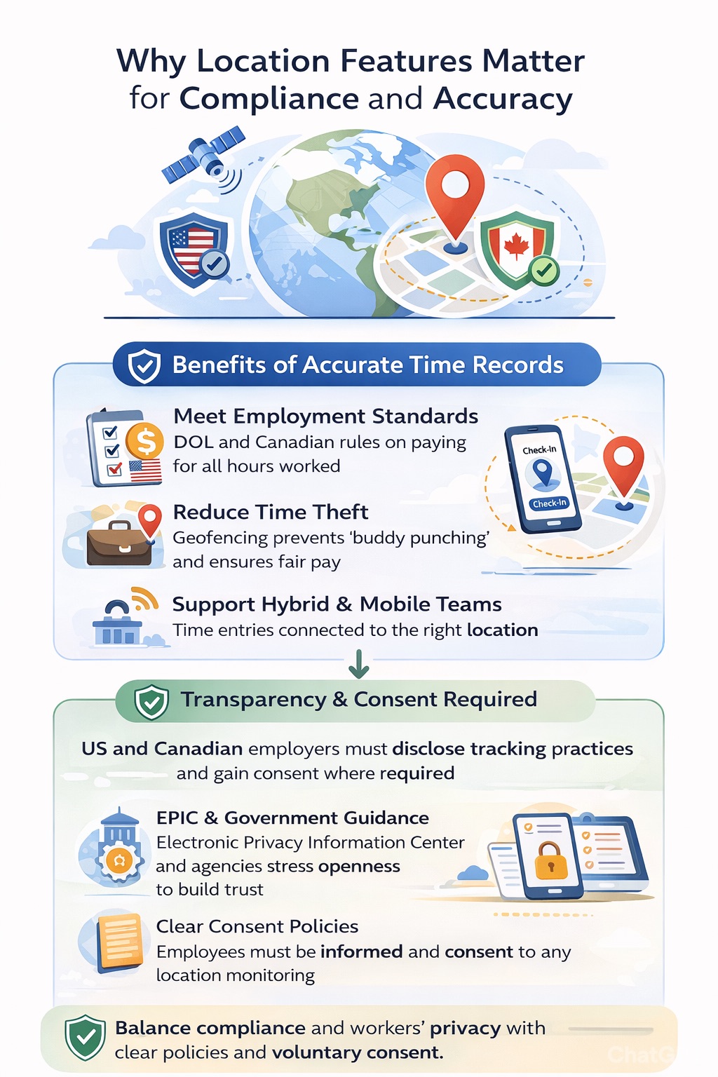 Infographic explaining why employee location features improve payroll accuracy, prevent buddy punching, support hybrid work, and require transparency