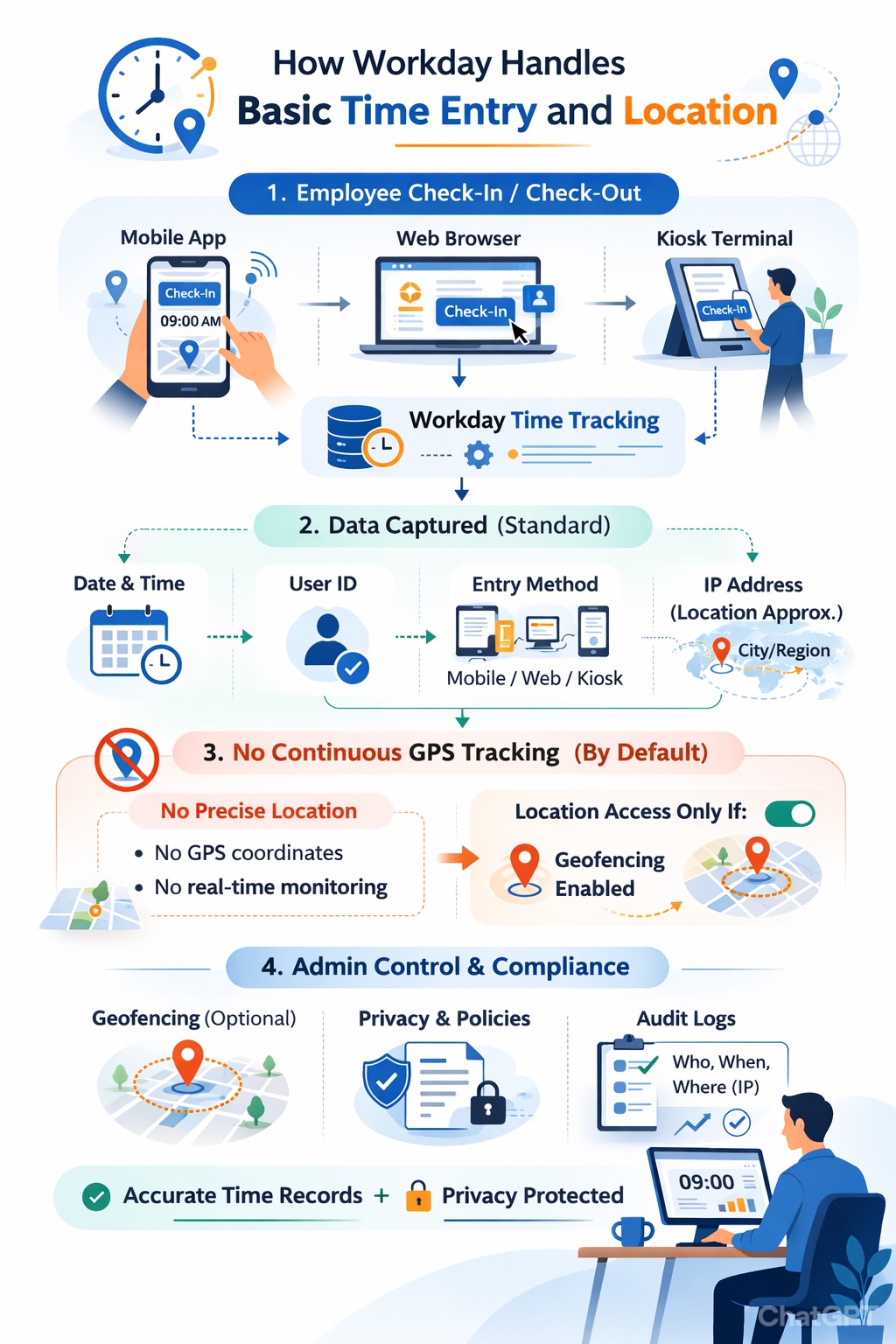 Infographic showing how employees check in and out in :contentReference[oaicite:0]{index=0} Time Tracking, including timestamps, entry methods, IP-based location logging, and optional geofencing without continuous GPS tracking